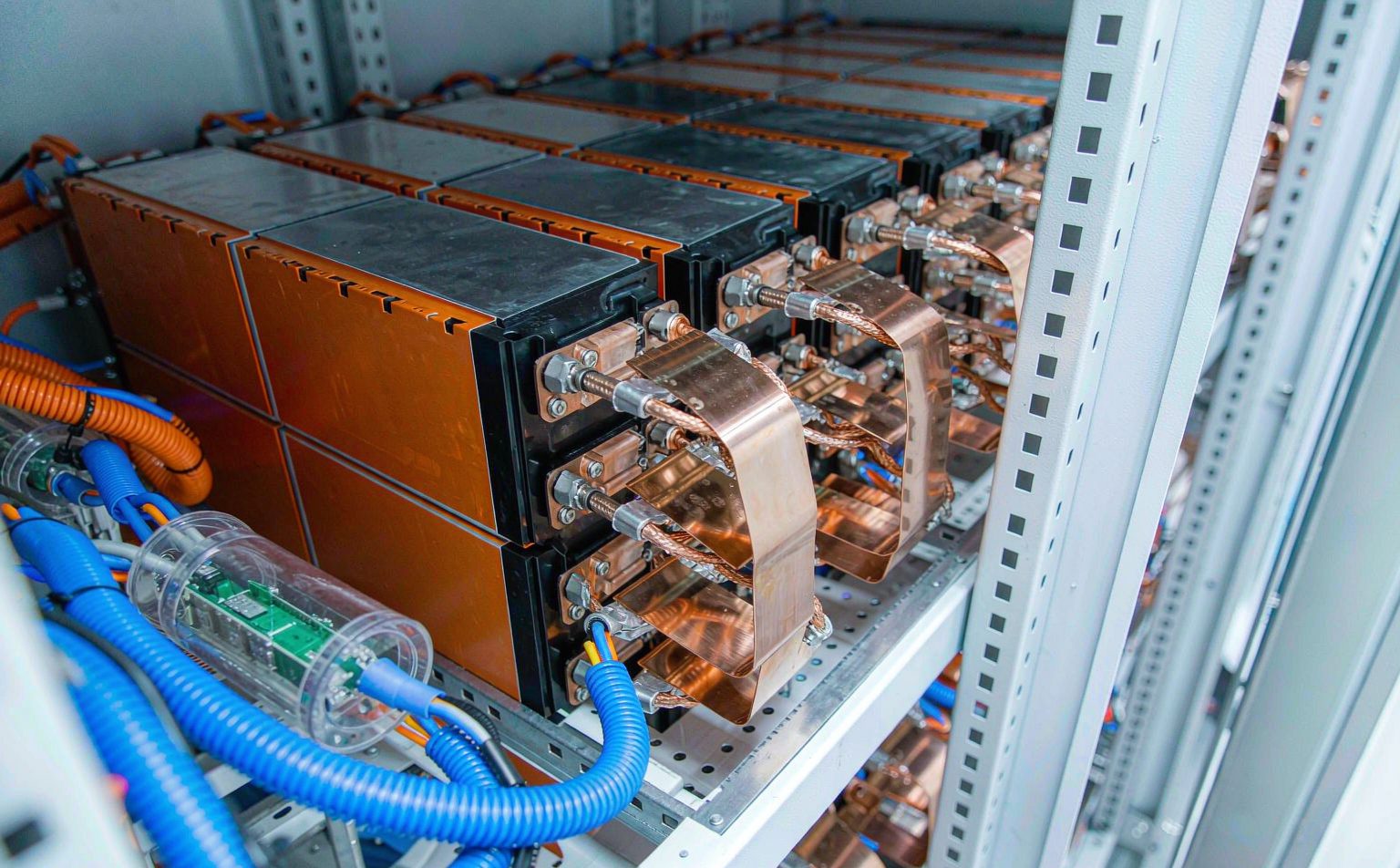 LFP battery modules, busbars and BMS wiring inside a commercial BESS Philippines container