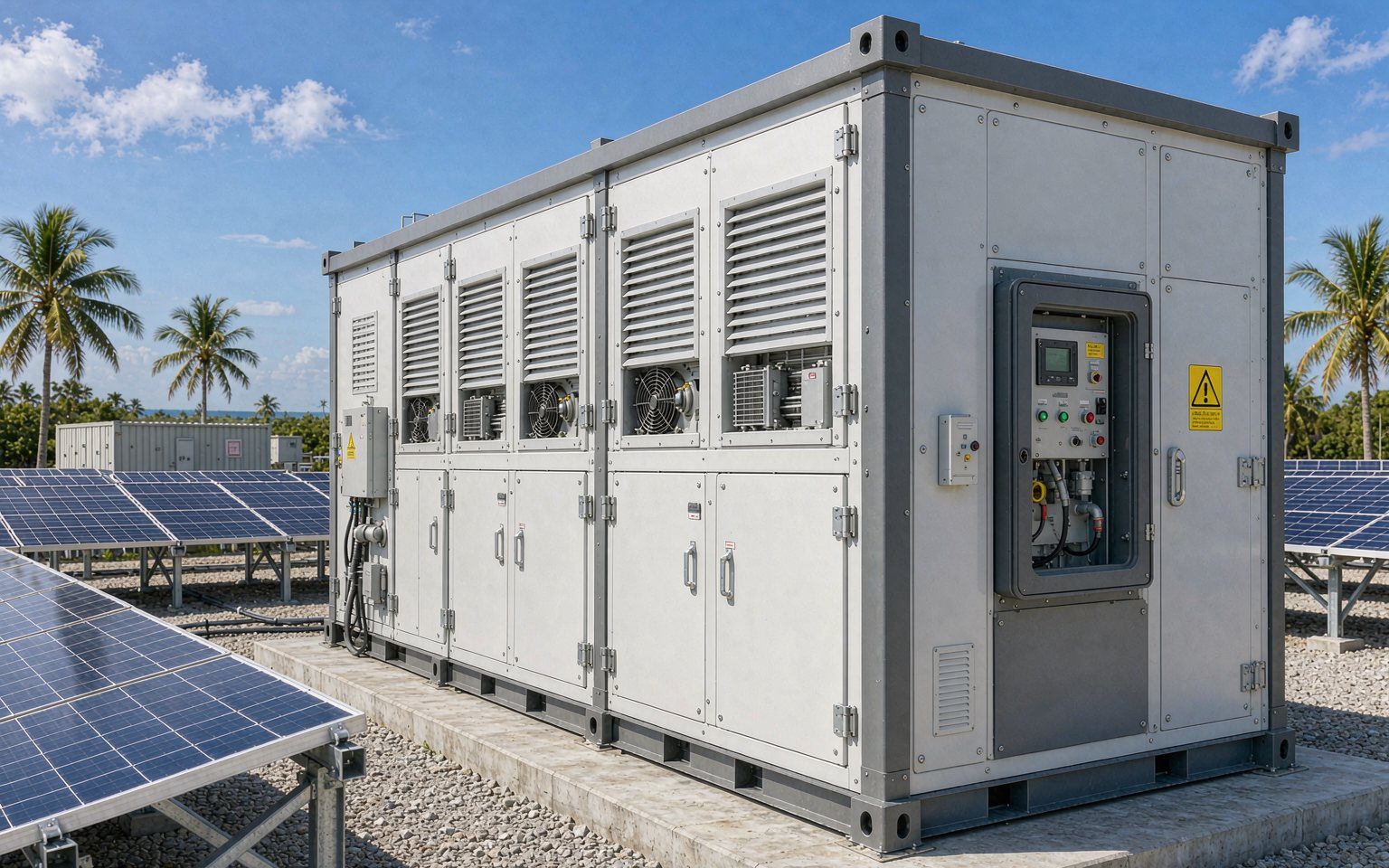 Containerised BESS cabinet for off-grid solar Papua New Guinea installations, beside a solar array