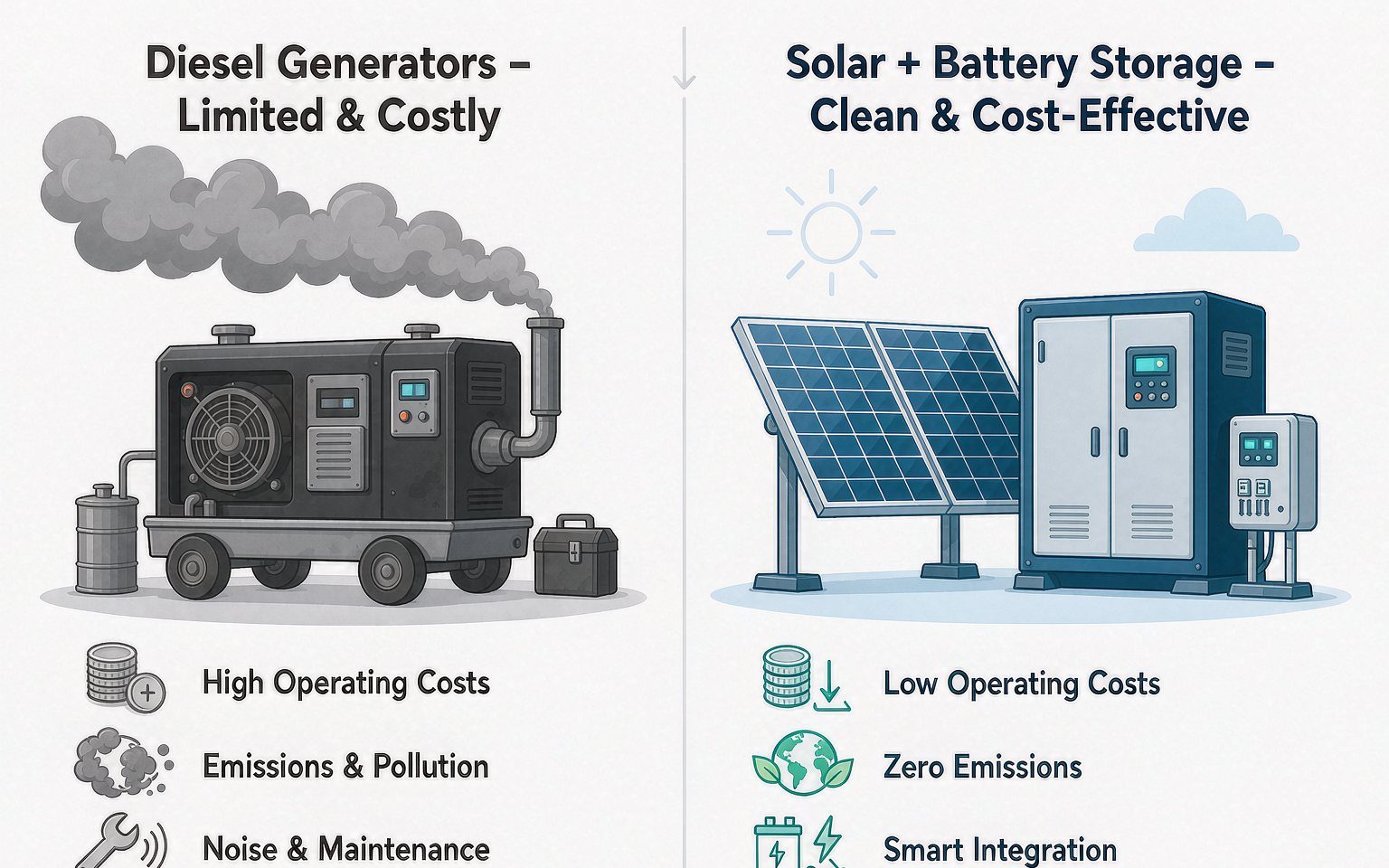 Side by side comparison of a diesel generator set against a solar plus battery energy storage system
