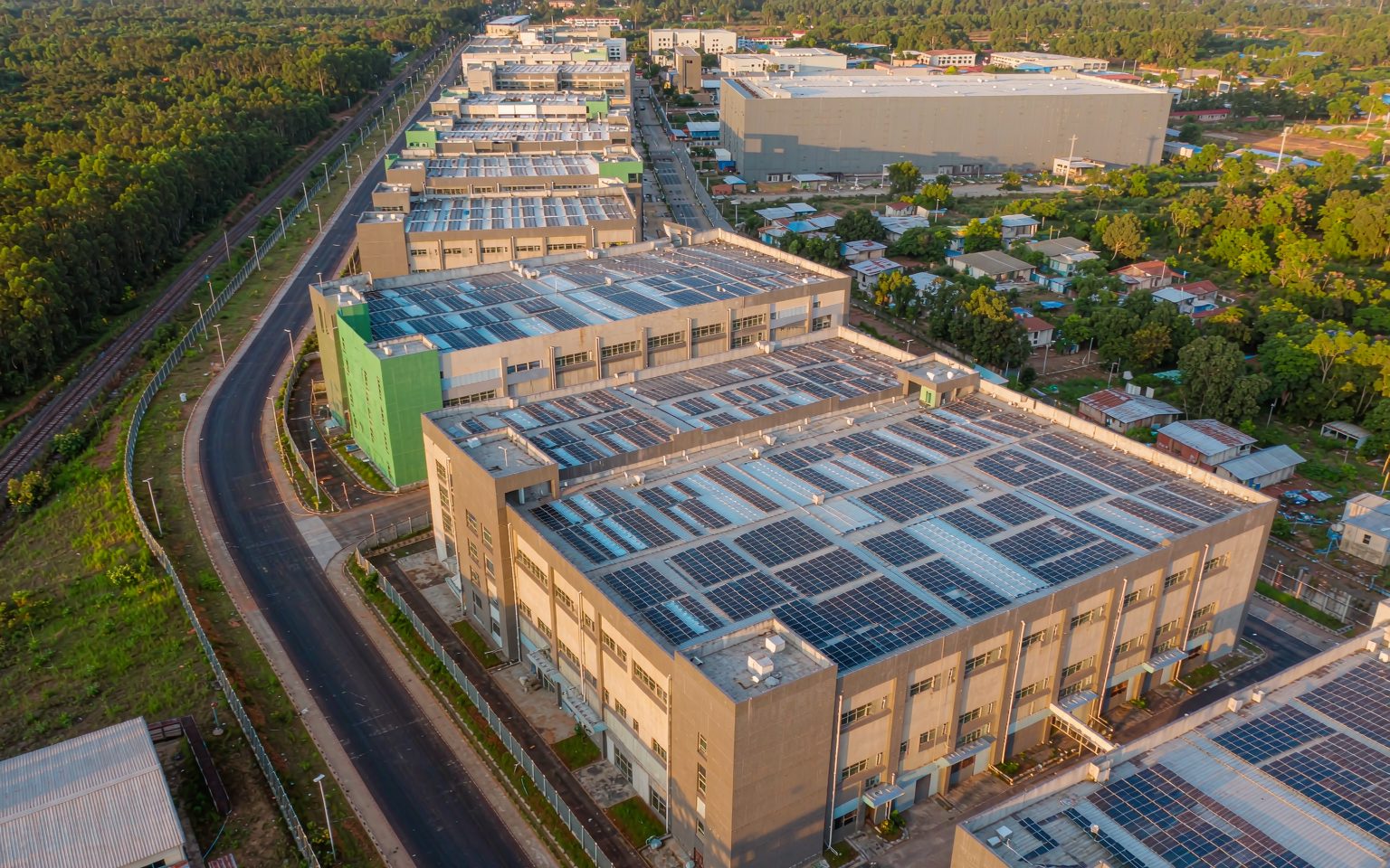 Africa solar market: factory rooftops fitted with solar arrays in an East African industrial park