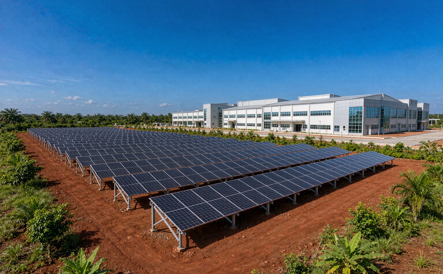 Ground-mounted solar array beside a Ghanaian factory, a layout that reduces solar panel price in Ghana per kilowatt