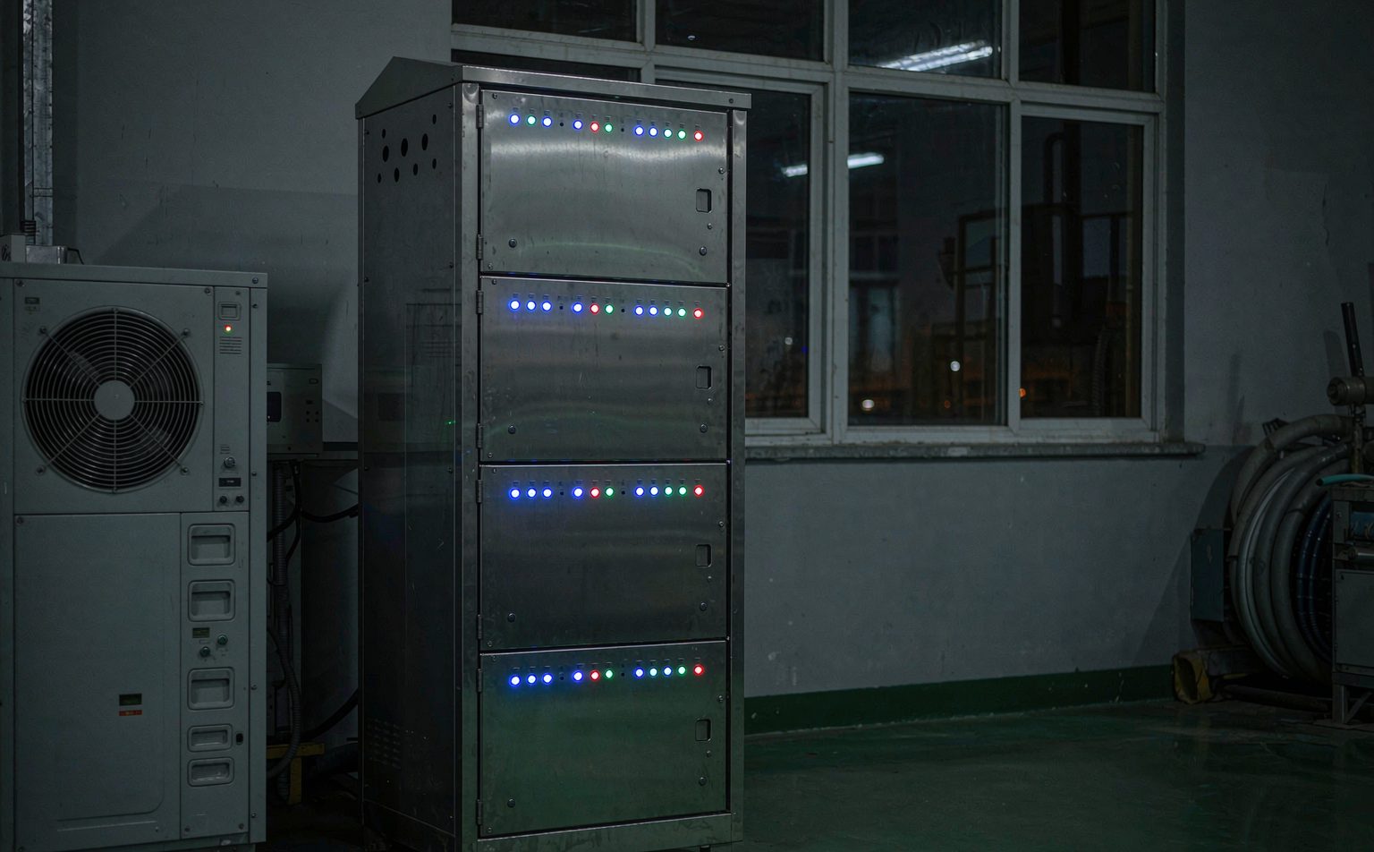 Hybrid inverter sizing: battery cabinet with status indicators running at night