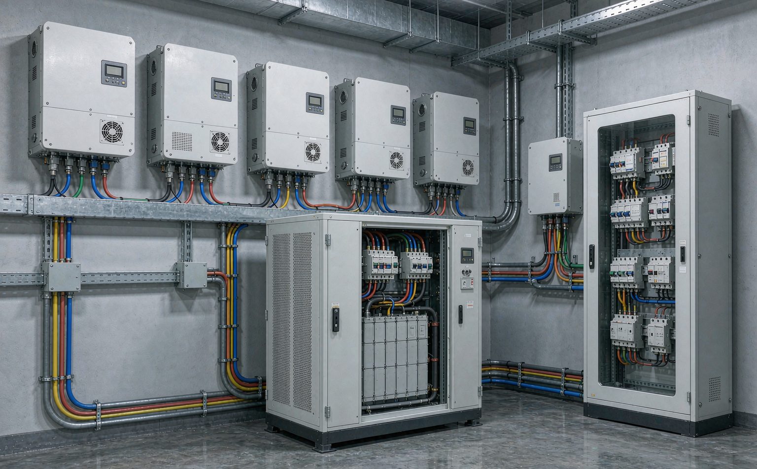Hybrid inverter sizing reference: three-phase hybrid inverters beside a lithium battery cabinet in a plant room