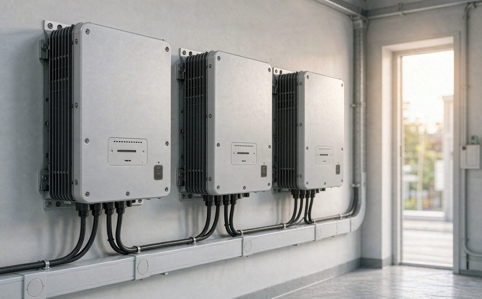 Three wall-mounted three-phase hybrid inverters sized for a commercial building
