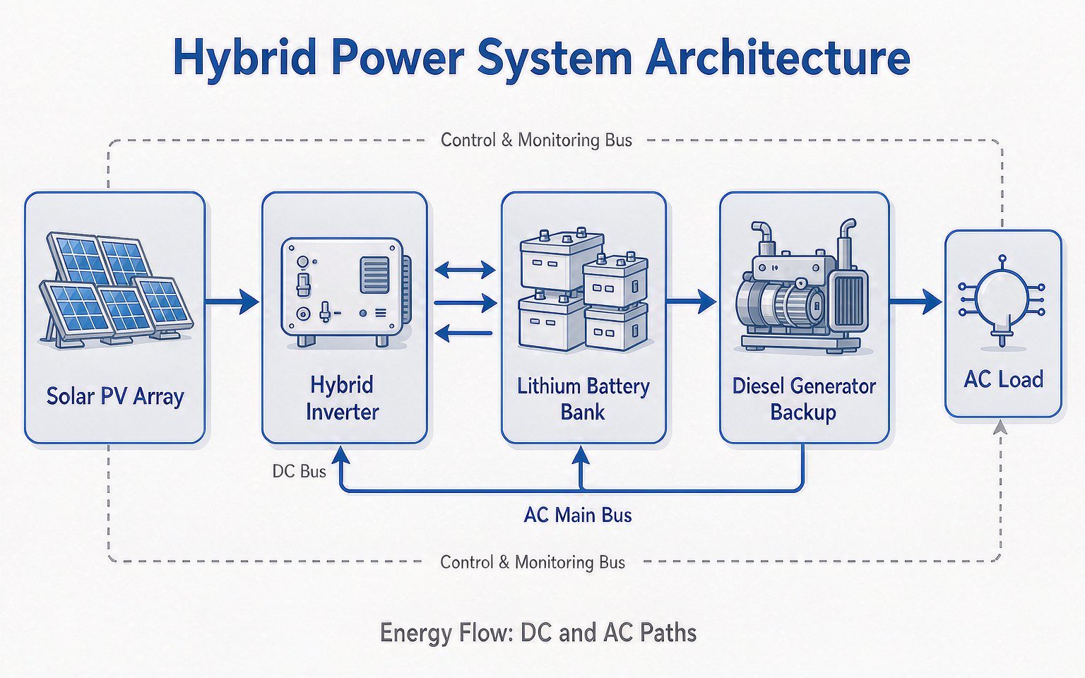 Hybrid power system architecture diagram showing solar array, hybrid inverter, lithium battery bank and diesel generator backup feeding a load