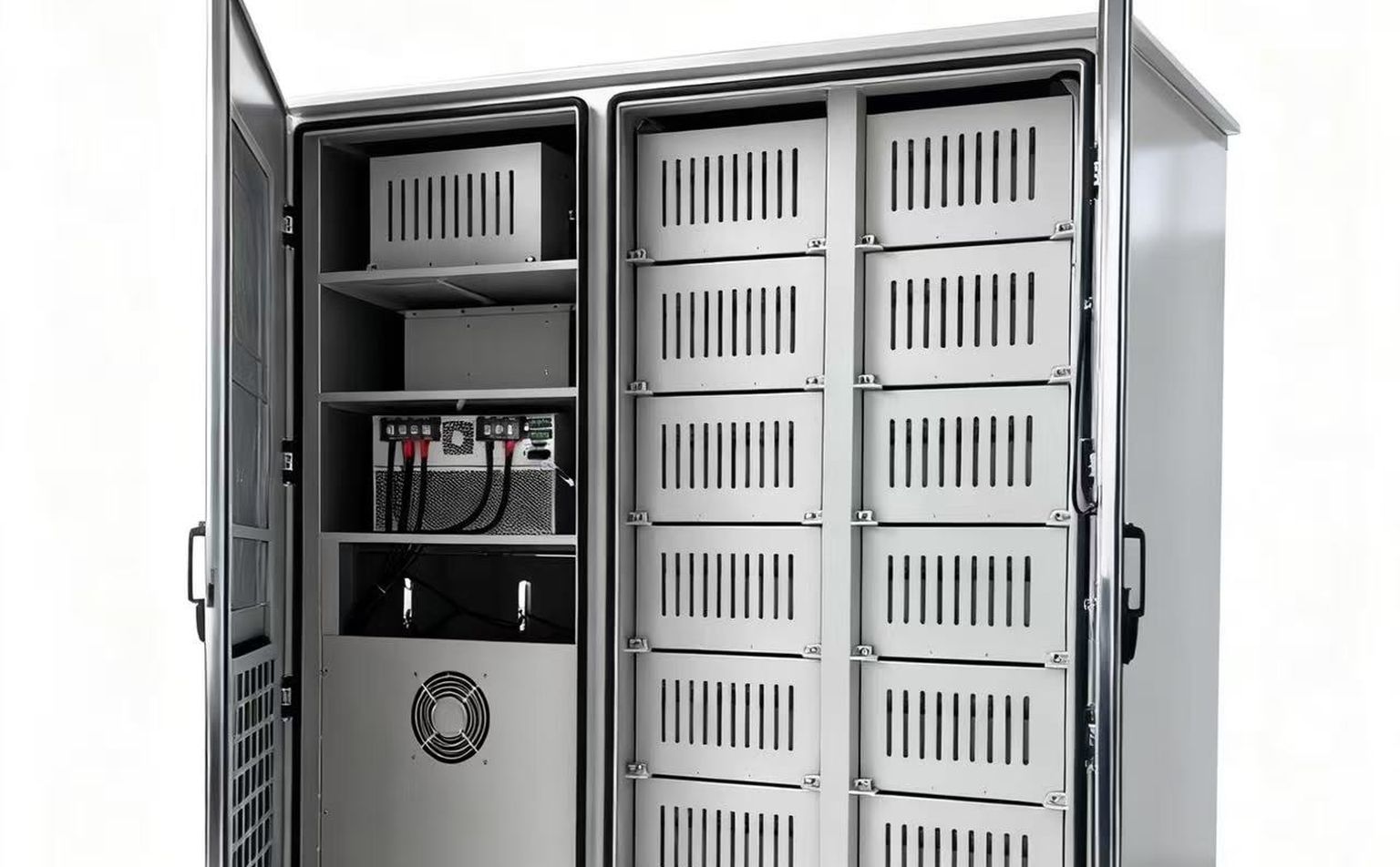 Open 215kWh energy storage cabinet inspected before Kenya solar import clearance