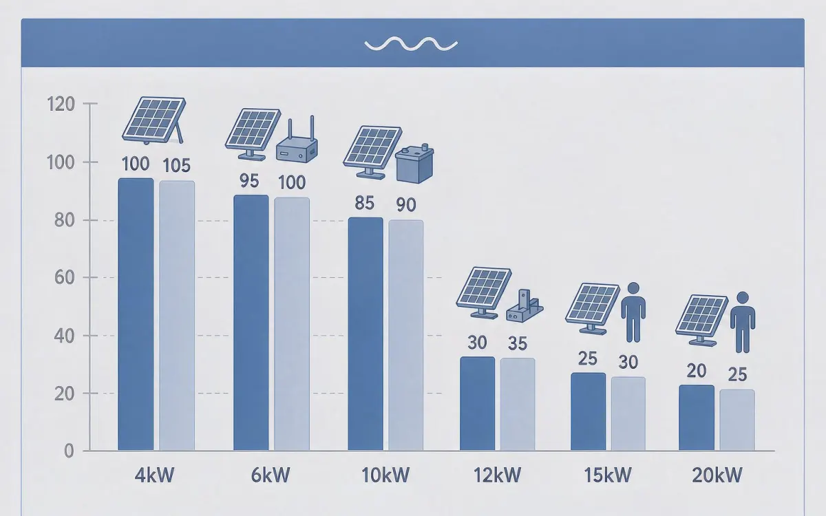 Cost chart comparing solar system Philippines installed prices across 4kW, 6kW, 10kW, 12kW, 15kW and 20kW system sizes