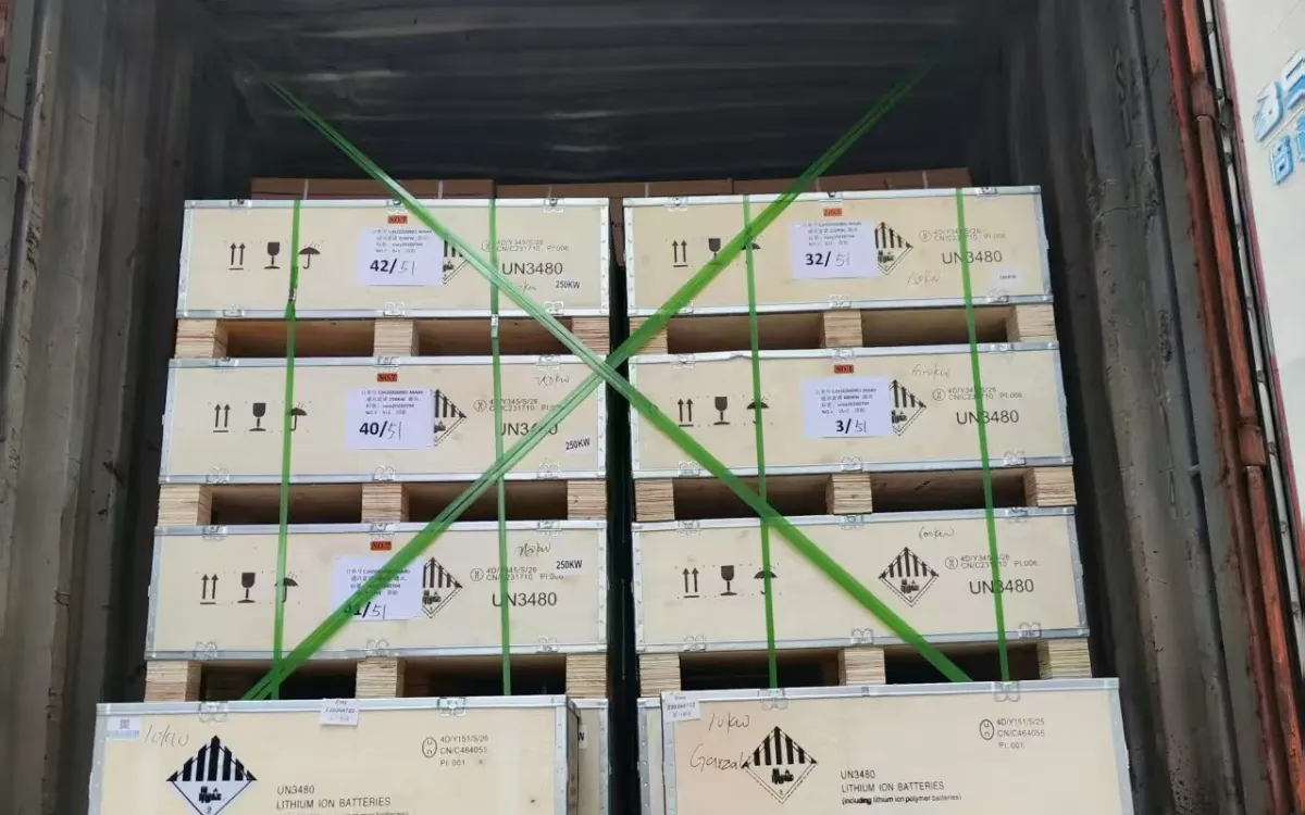 Solar system Ghana container loading: lithium battery modules labelled UN3480 strapped for the Ghana shipment