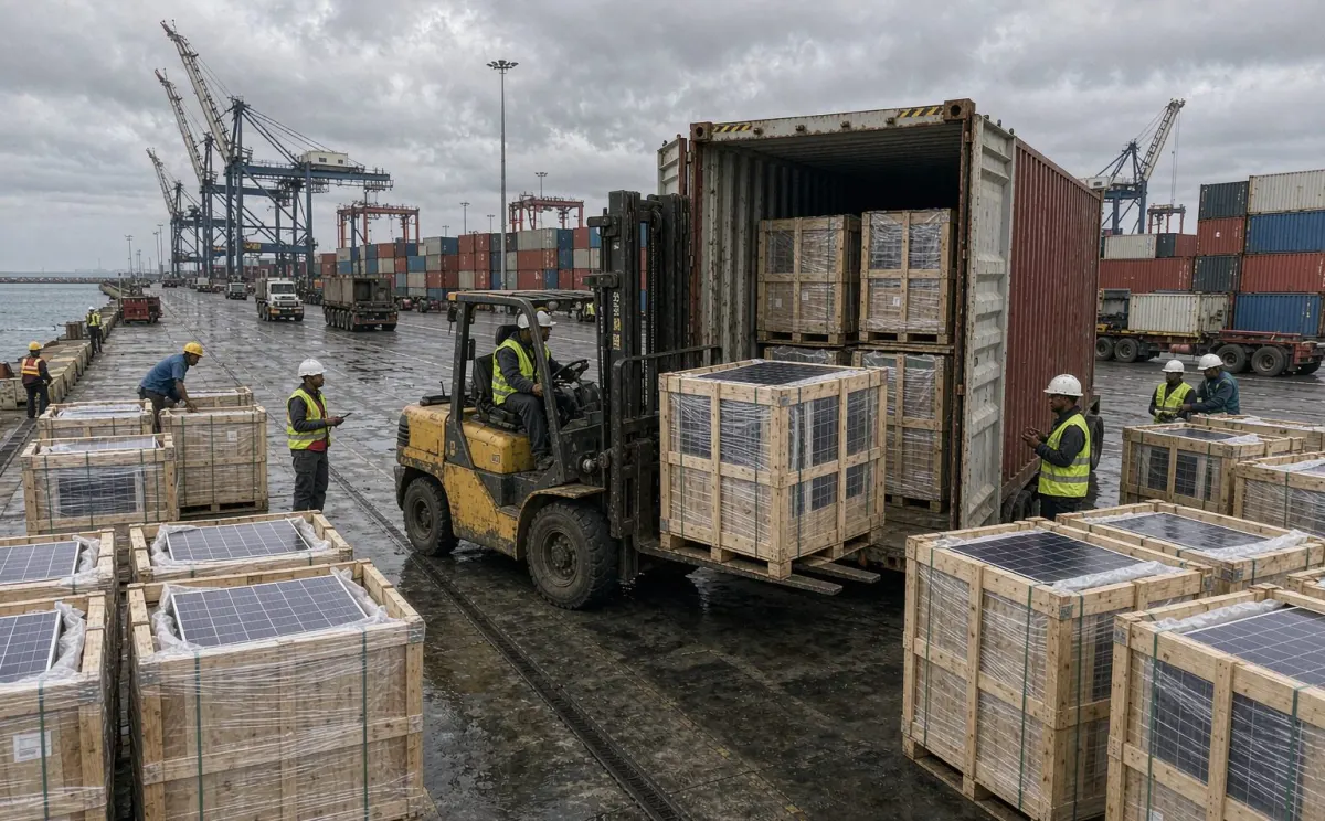 Crated solar system Ghana components staged at Tema port before inland haulage