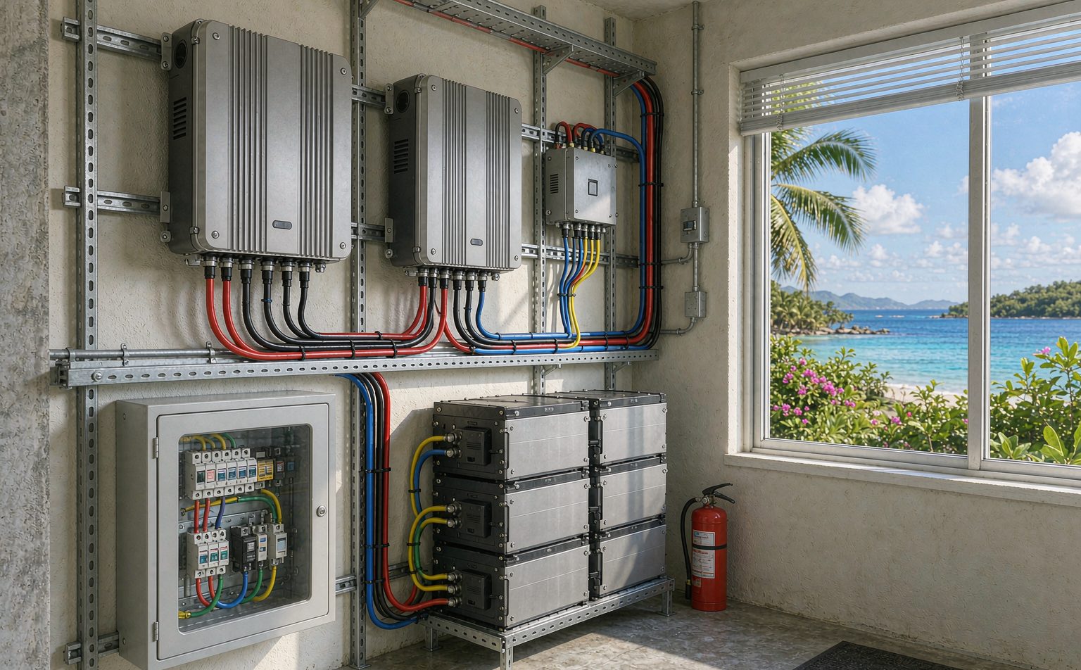 Hybrid inverter, battery rack and DC switchgear inside an off-grid solar Philippines installation
