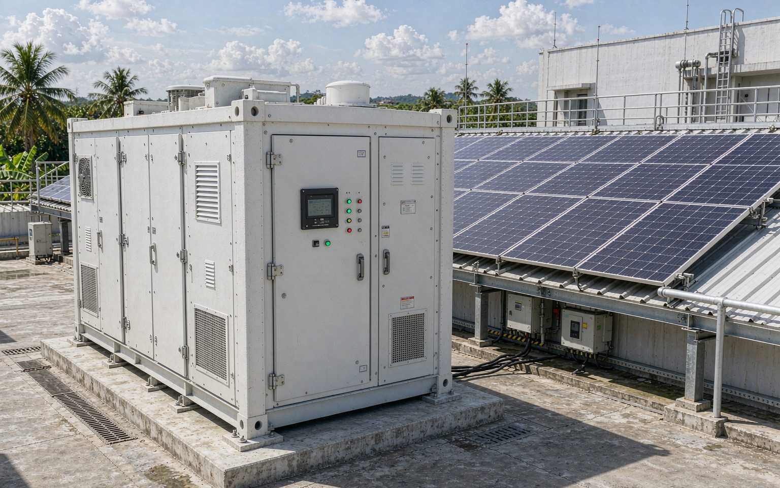 Philippines solar BESS container installed on a concrete pad beside a rooftop solar array at an industrial site
