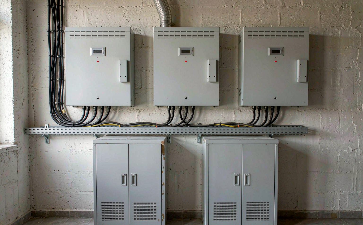 Solar for schools and hospitals: hybrid inverters and battery cabinets in an institutional plant room