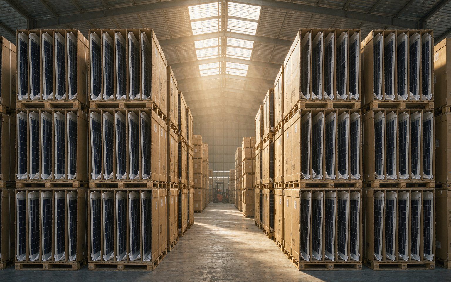 Solar photovoltaic modules in original packaging stacked on pallets inside a tropical climate warehouse