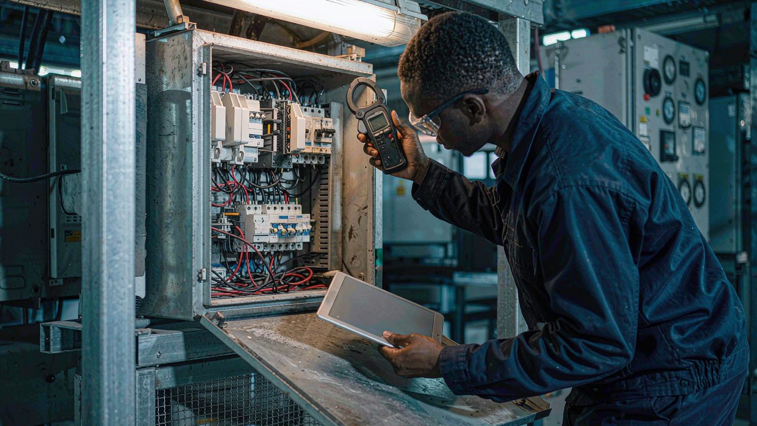 Engineer reading 15-minute load data at a factory distribution panel during battery storage sizing