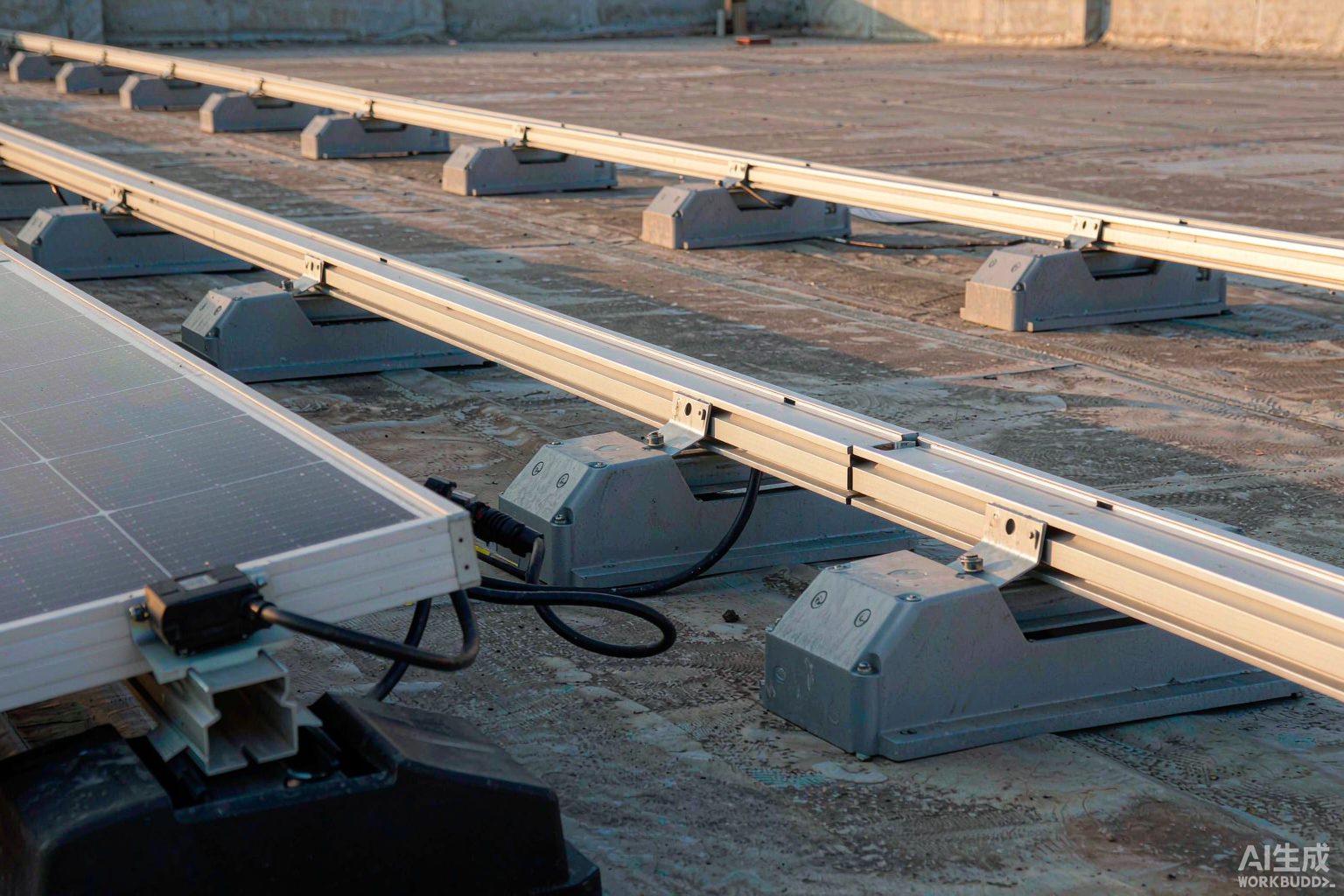 Commercial solar system Kenya: ballasted mounting rails and roof clamps on a flat concrete roof