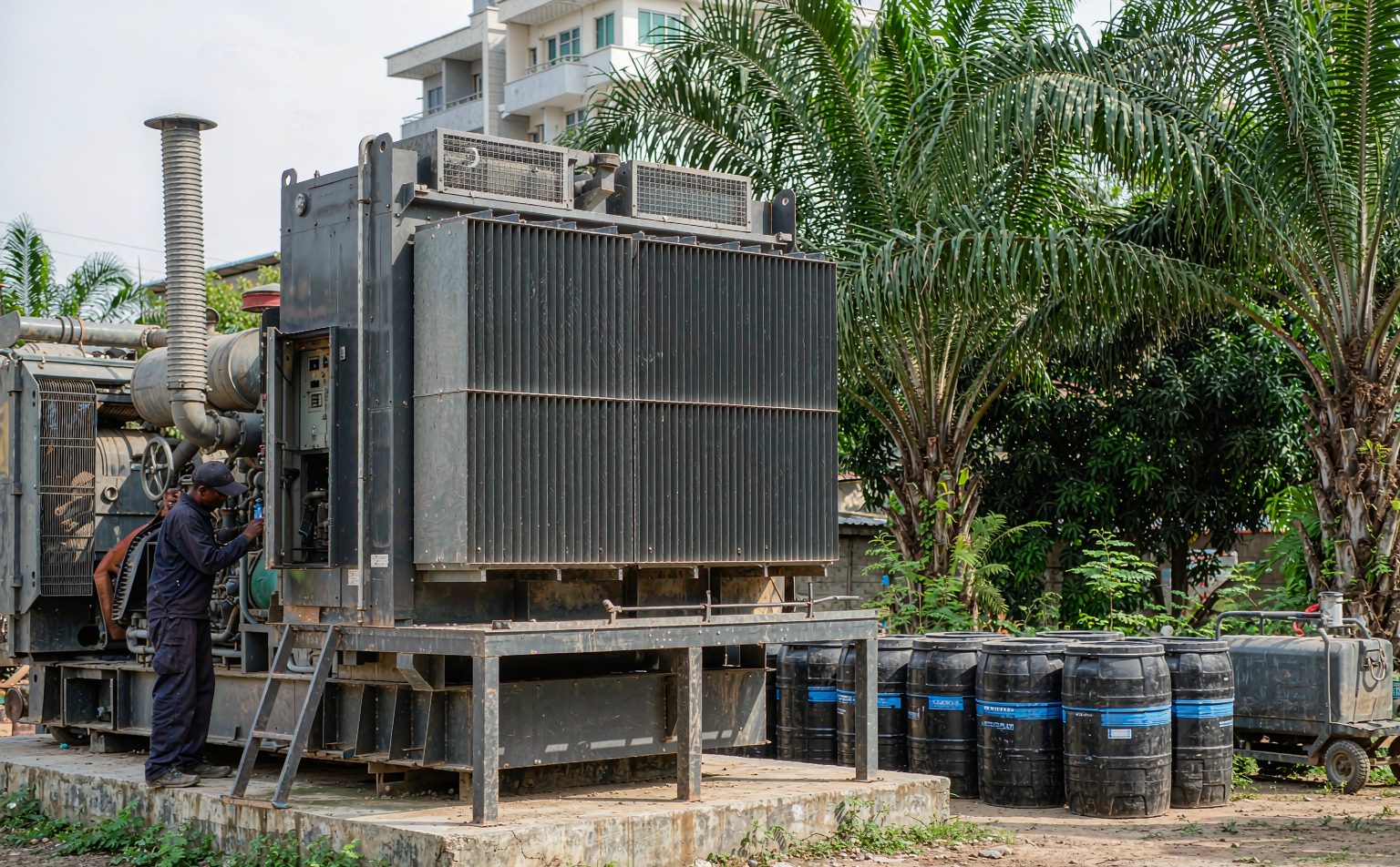 Diesel generator and fuel drums outside a Nigerian hotel, the running cost behind power outage cost for hotels in Nigeria