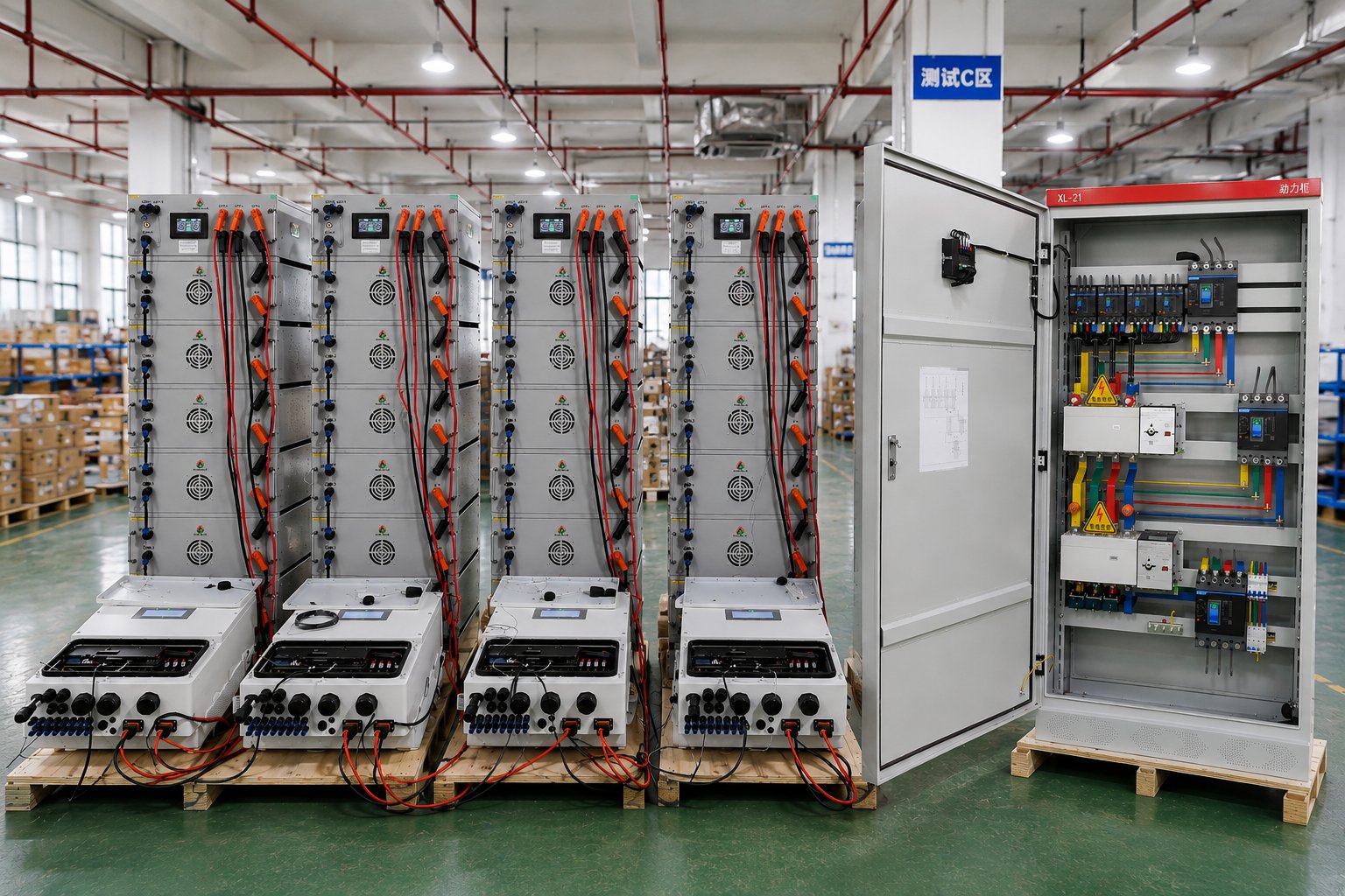 Mars Solar factory test bay C with four lithium battery cabinets and four hybrid inverters under 200kW load test