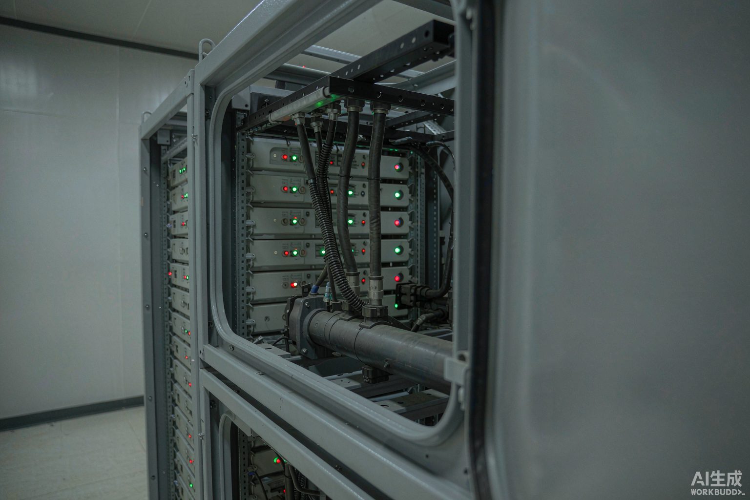 Hybrid solar system Ghana: rack-mounted lithium battery modules inside a battery cabinet