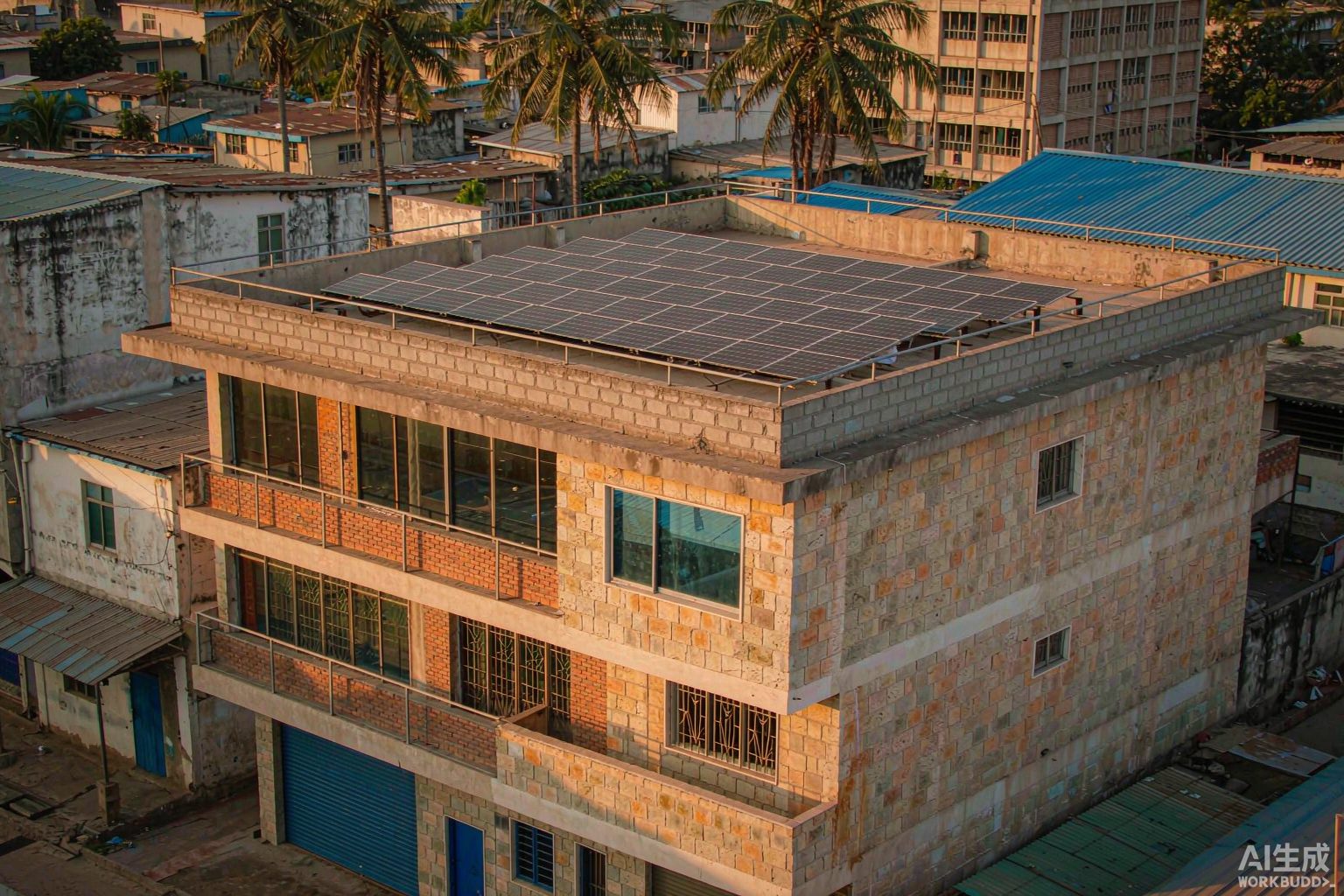Hybrid solar system Ghana: rooftop solar array on a commercial building in Accra