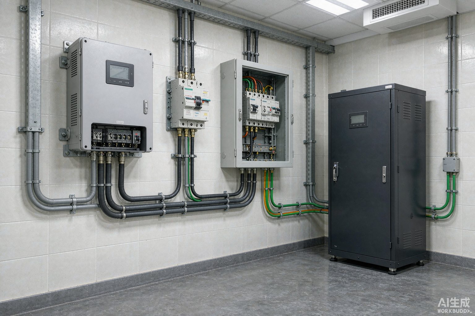 Hybrid solar system Ghana: hybrid inverter, DC isolator and lithium battery cabinet in a plant room