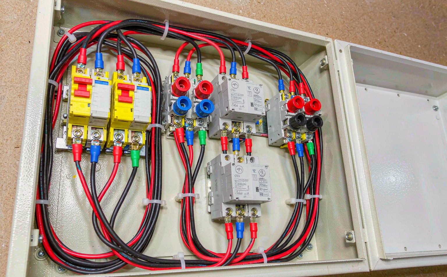 DC combiner box wired and labeled as part of solar cable trunking
