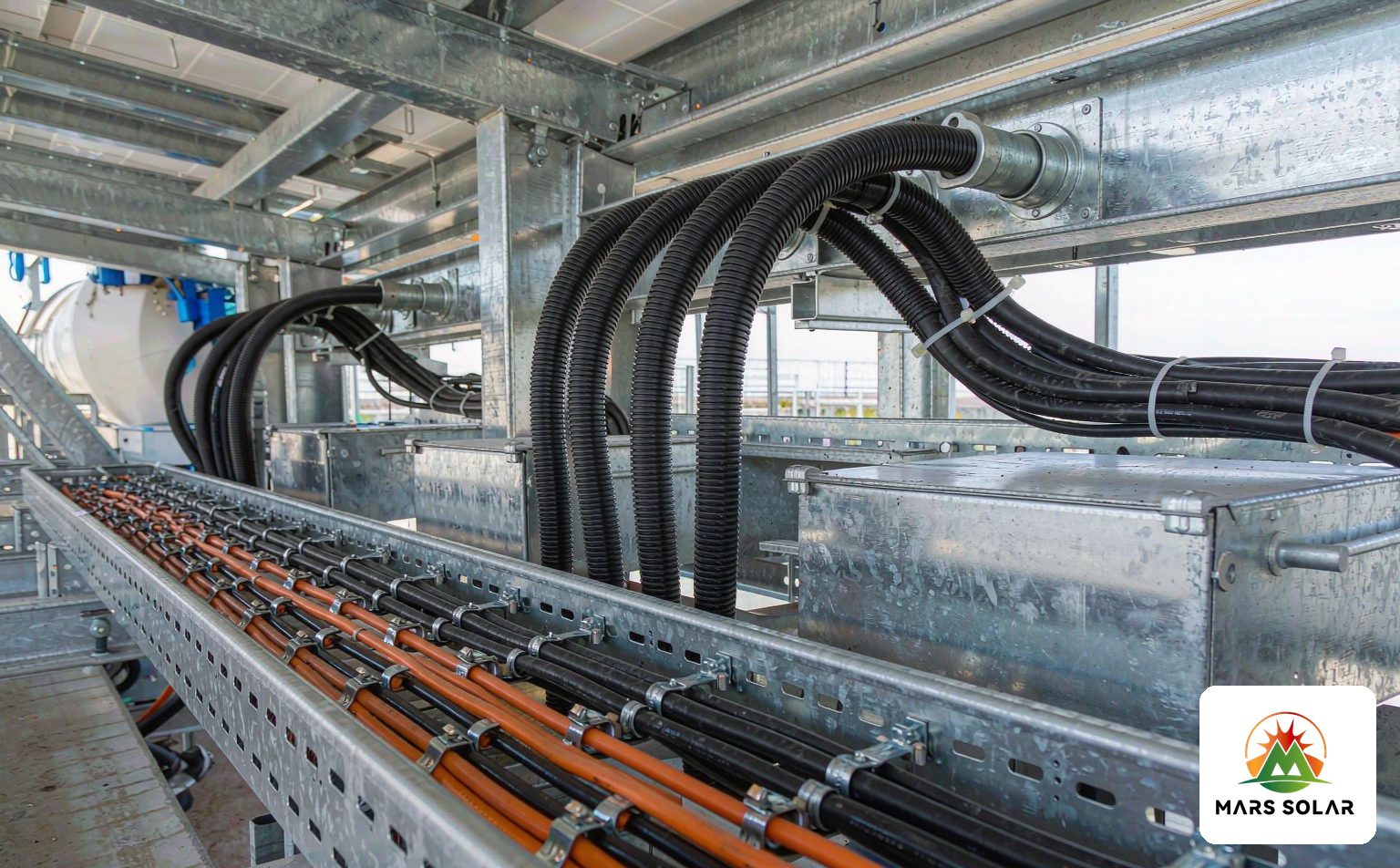 Solar cable trunking routes with organized DC cables in a PV plant electrical room