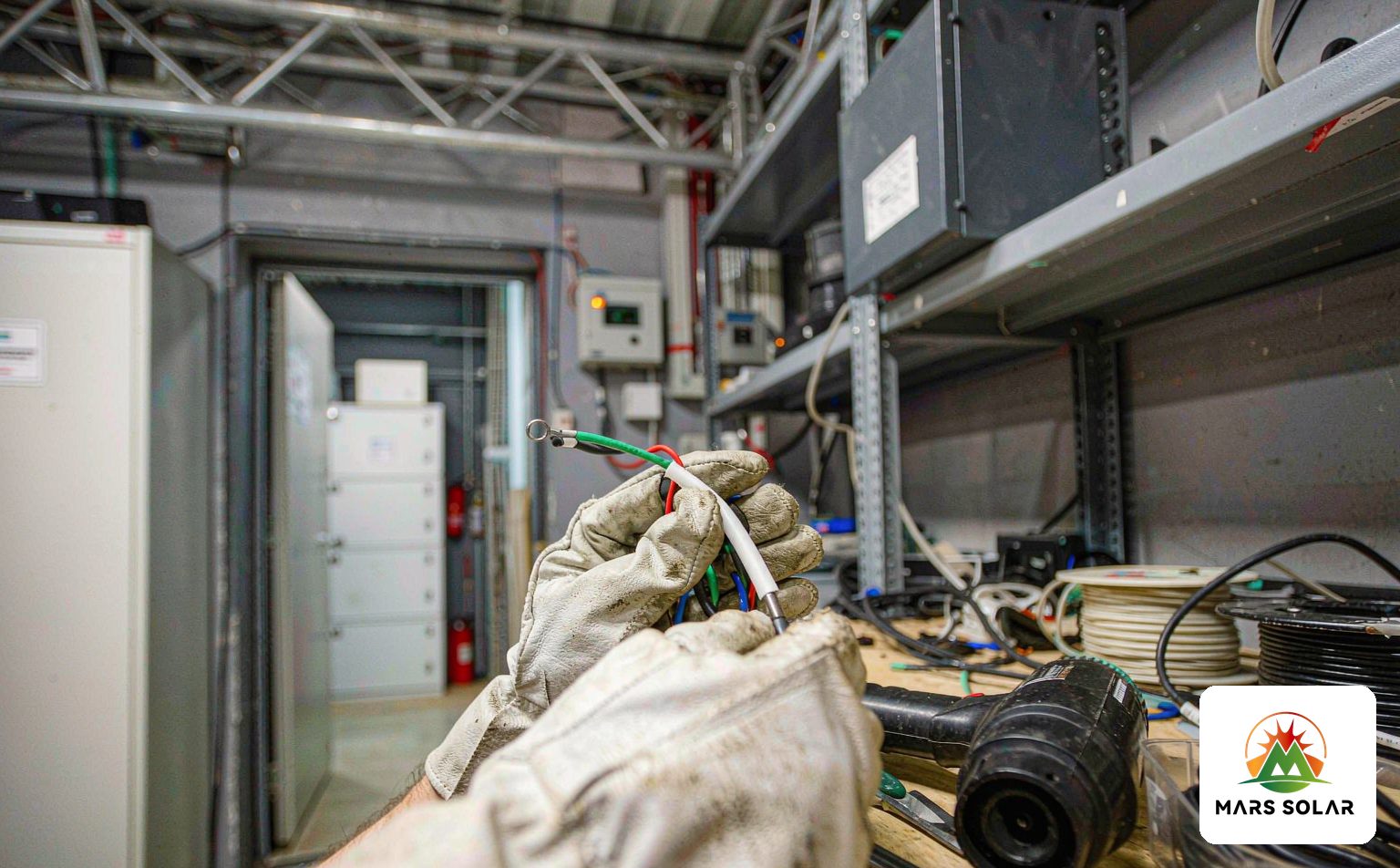 Technician applying wire labels inside a solar cable trunking installation